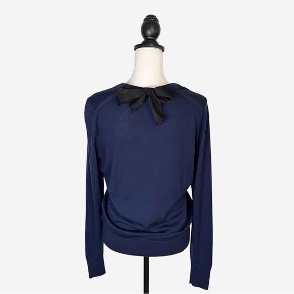 Burberry Sweater Womens Size L Super Fine Merino Wool Navy Fitted Bow Detail - Picture 3 of 11